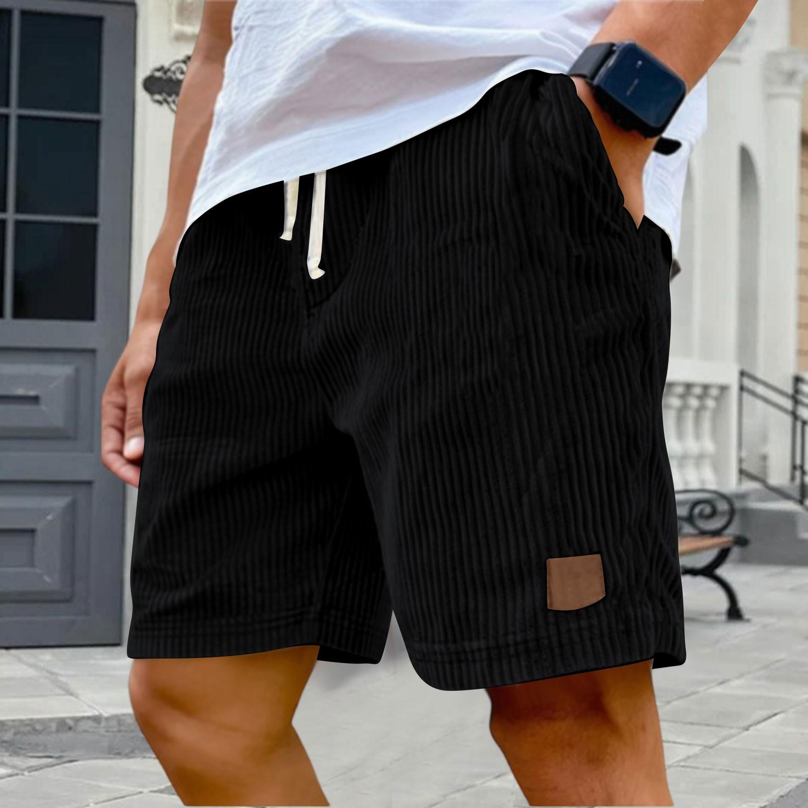 

Men Corduroy Drawstring Waist Relaxed Fit Shorts with Pockets Casual Vertical Stripe Pattern Summer Wear L чёрный