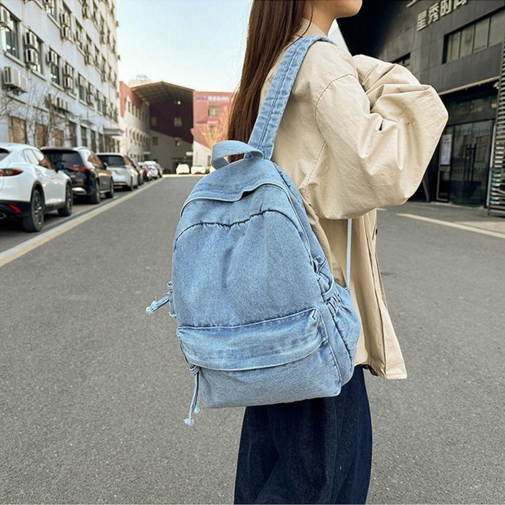 Japanese Style Denim Backpack Street Style Solid Crossbody Bag Portable Vintage Handbag Travel