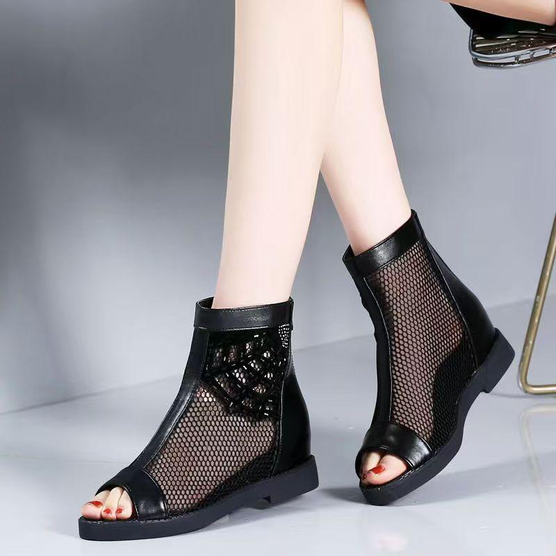 Women's Big Size Mesh Flat sole Ankle Boots Summer New Soft Sole Breathable Fashionable High Top Zippers Peep Toe Cool Boots