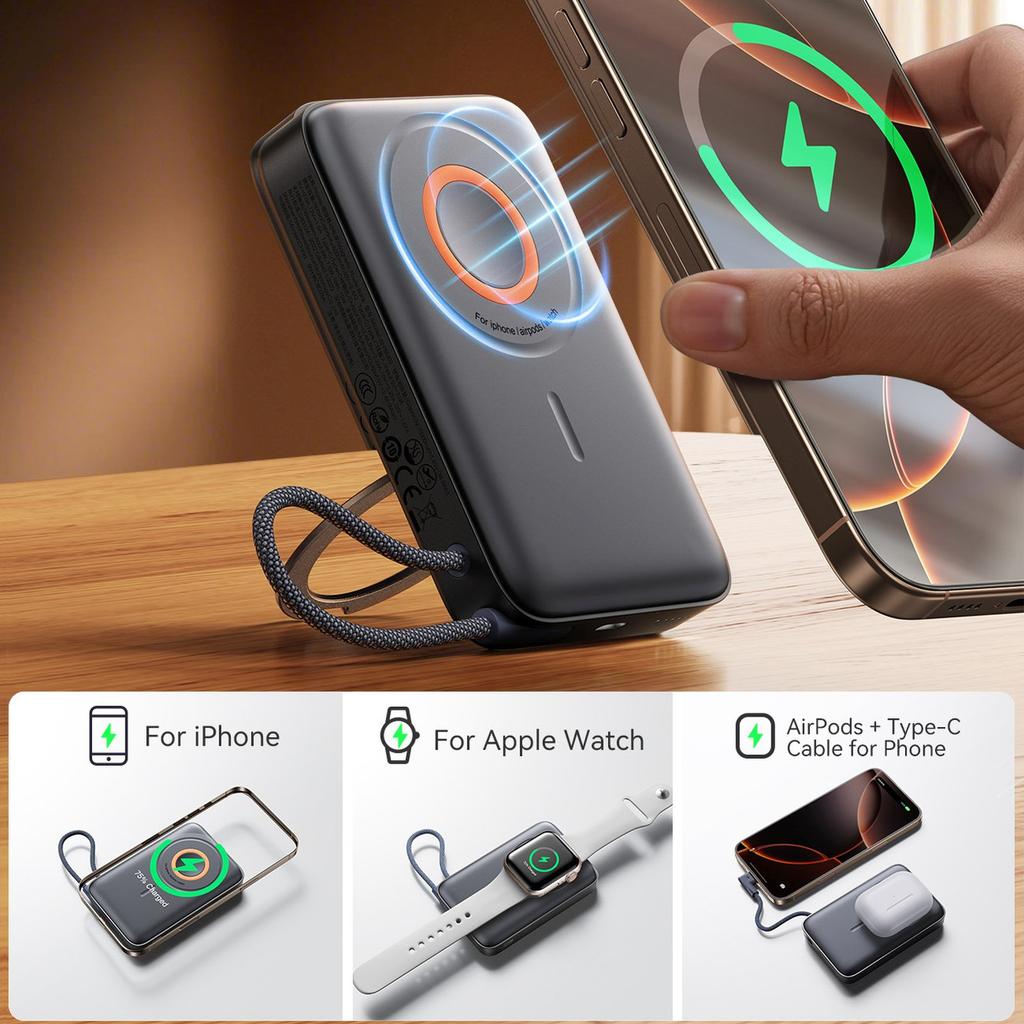 Powerbank indukcyjny 3w1 10000mAh 22.5W z wbudowanym kablem MagSafe - czarny