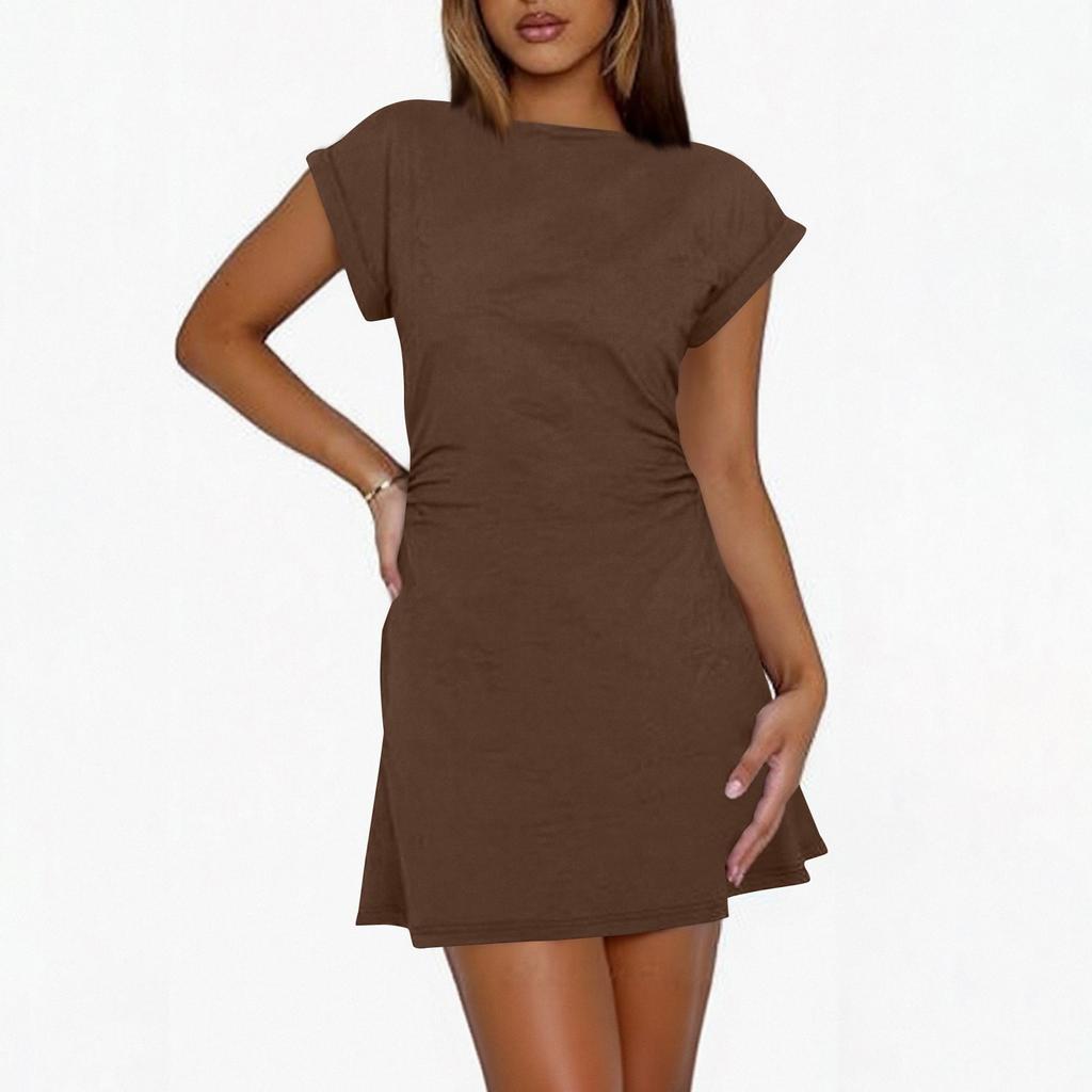 Women's High-waisted Solid Color Short Sleeve Round Neck Pleated Dress