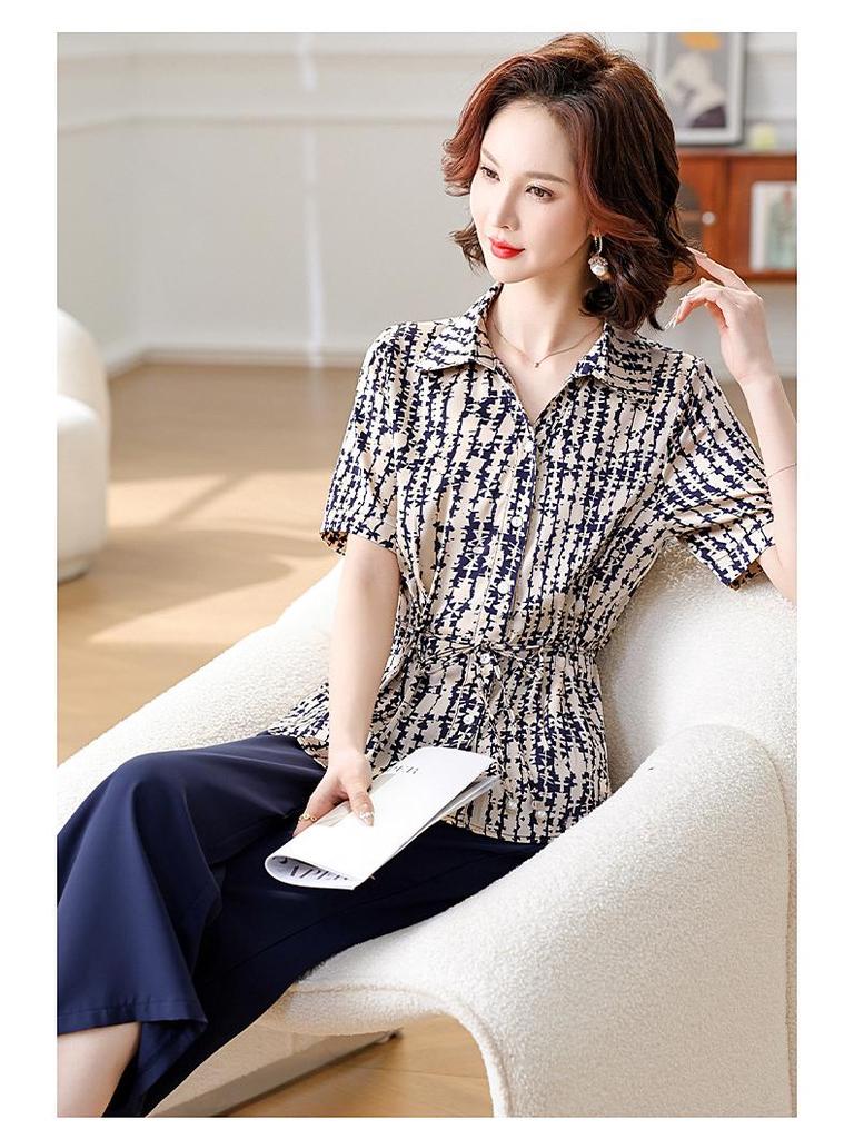 Set Bluză și Pantaloni din Șifon pentru Mama, Vara 2025: Set elegant din două piese pentru femei de vârstă mijlocie și vârstnice