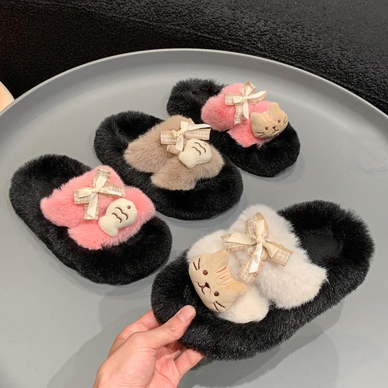 Soft cute kitten thick-bottomed fluffy slippers girl autumn fashion outer wear flanged children's cotton slippers woman
