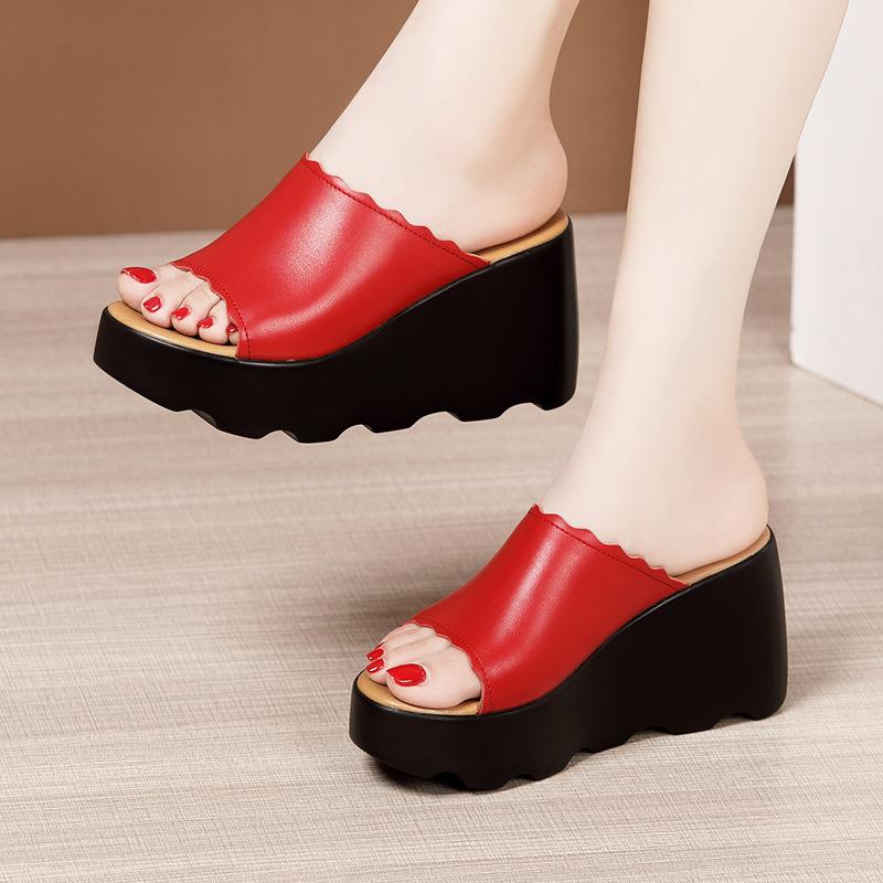 8cm Small Plus Size 32-43 Elegant Comfortable Leather Slippers Platform Wedges Shoes 2025 High Heels Slides for Office Model Mom