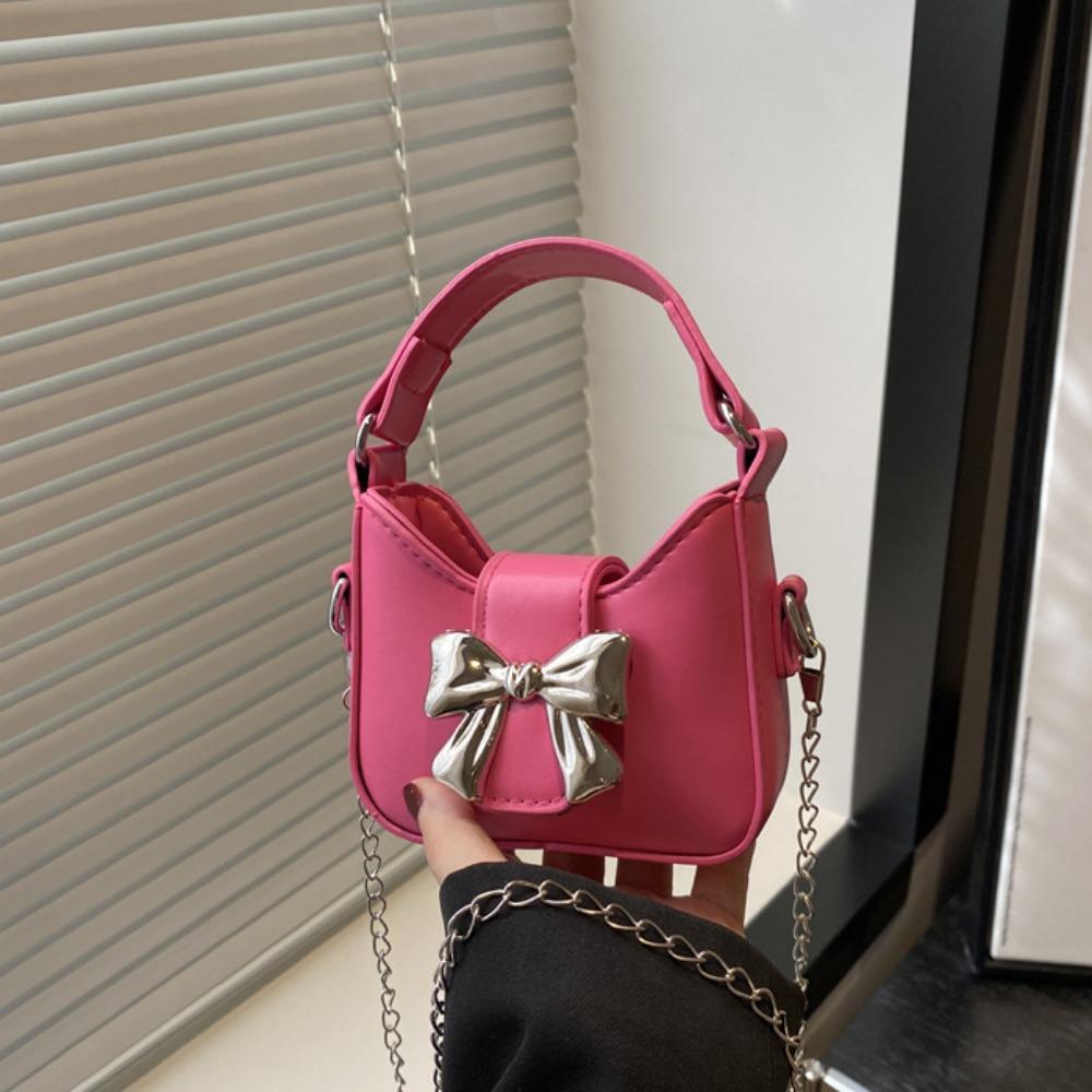 Handbag Silver Bucket Bag Pu Leather Women's Shoulder Bag Simple Bow Buckle PU Bag  Makeup Bag
