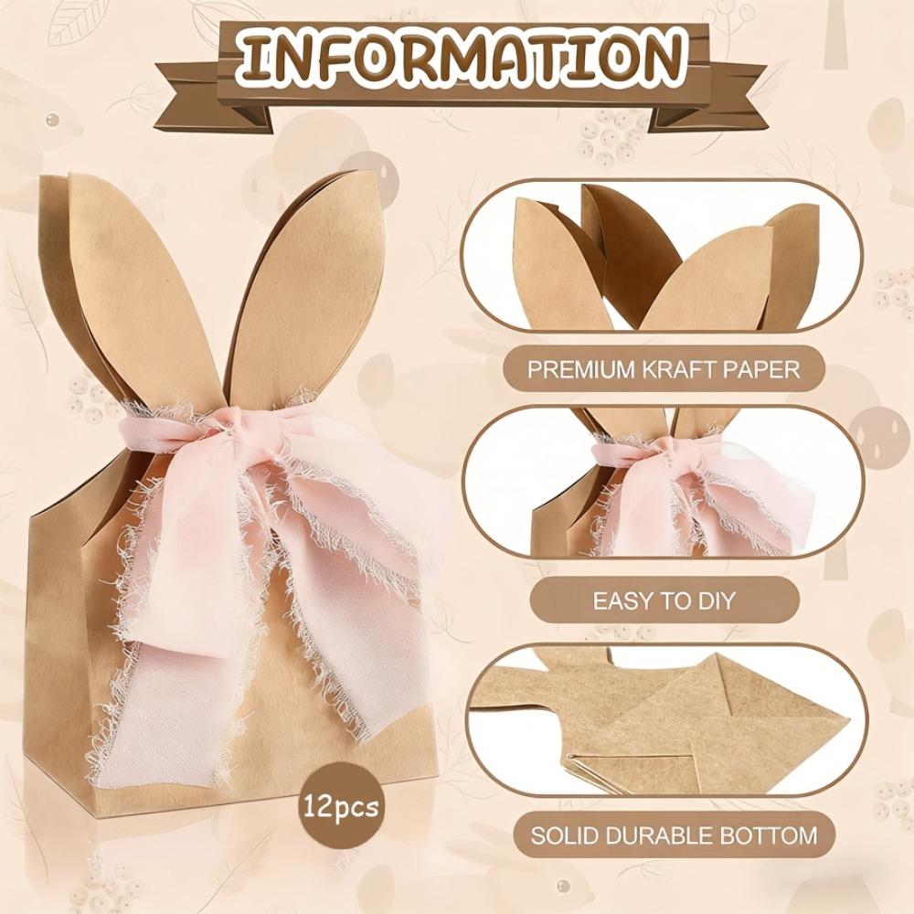 12PCS Cartoon Easter Rabbit Candy Gift Box 3D Bunny Ear with Ribbon Bow Rabbit Cookie Bag DIY Kraft Paper Bunny Gift Bag