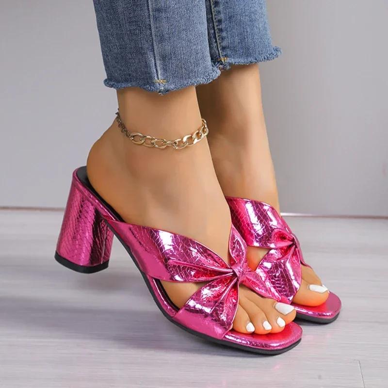 2024 Summer Silver Square Head Chunky Heel Flip-flops Open Toe Sandals French Gold High-heeled Half Slippers Shoes for Women