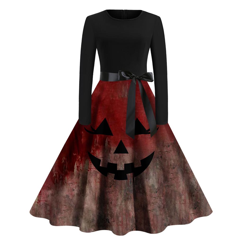 Halloween Women's Casual Fashion Round Neck Printed Vintage Dress