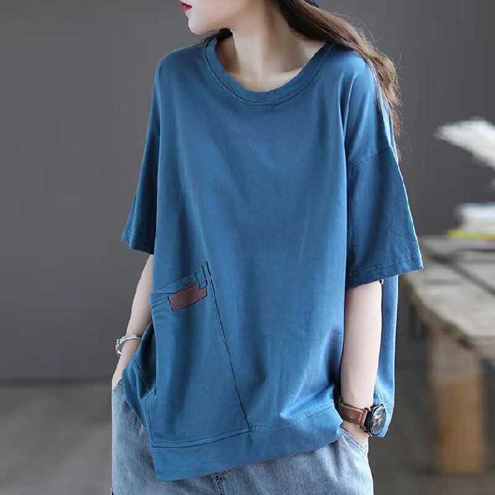 New Summer Loose Round Neck T-shirt for Women's Literary Style Half-sleeved Irregular Patch Top for Women