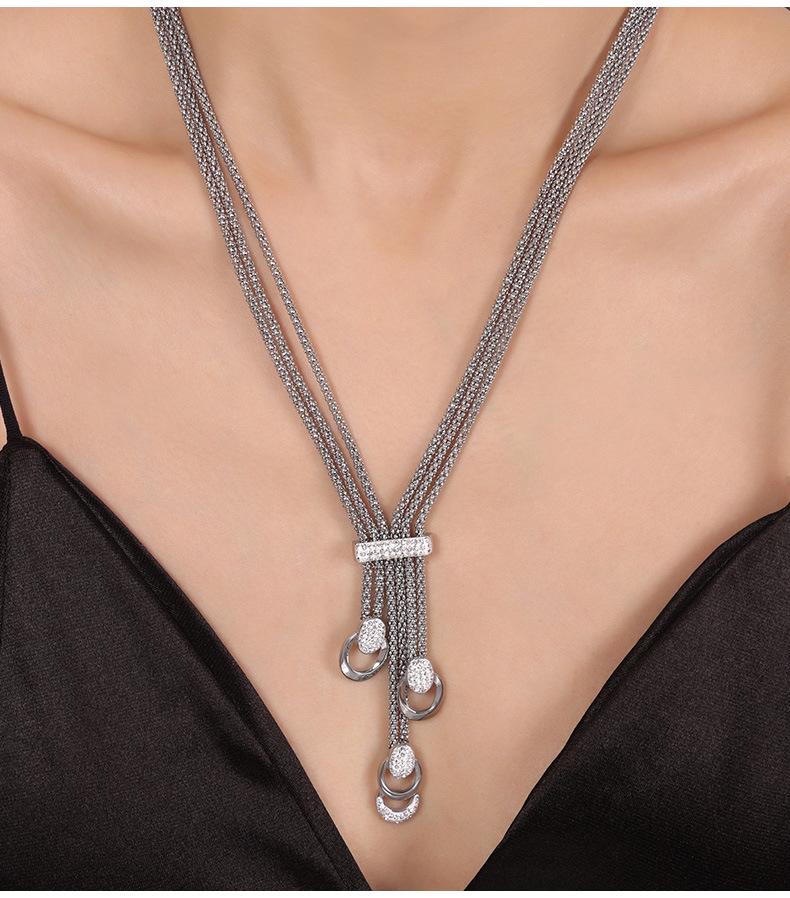 Korean Vintage U-Shaped Rhinestone Tassel Necklace Set - 18k Gold Plated Titanium Steel