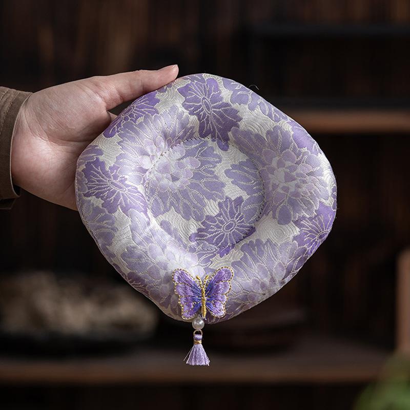 1PC Tea Ceremony Mat Decorative Table Mat 3D Butterfly Chinese Style Teapot Mat Heat-Resistant Fabric Coaster Round with Tassels