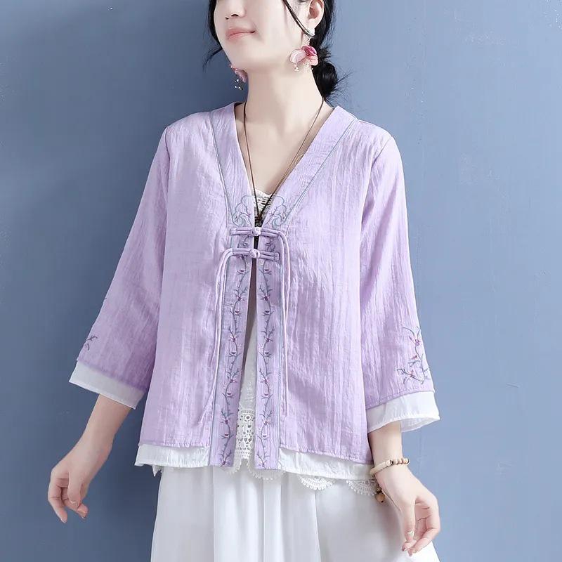 

Женский кардиган в ретро китайском стиле: Хлопок и лен, цветочная вышивка, двубортный, рукав 3/4 M 80-100 lbs фиолетовый