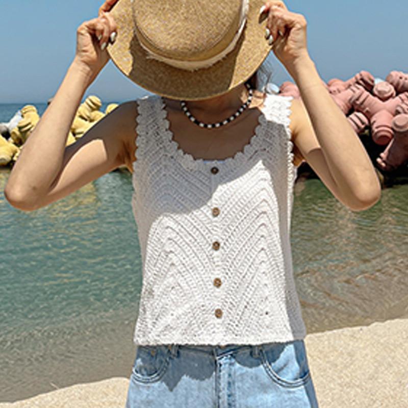 2026 New Korean Style Sweet Temperament Crochet Camisole Summer Vintage Solid Color Sleeveless Top Versatile Casual Vest for Women