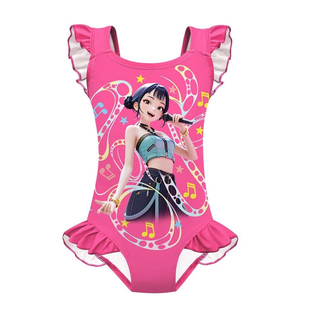 

Детский Девочки Аниме Мультфильм ПОП Певицы Руми Мира Зои Принт Волан Без рукавов Цельный Купальник Купальник 160cm