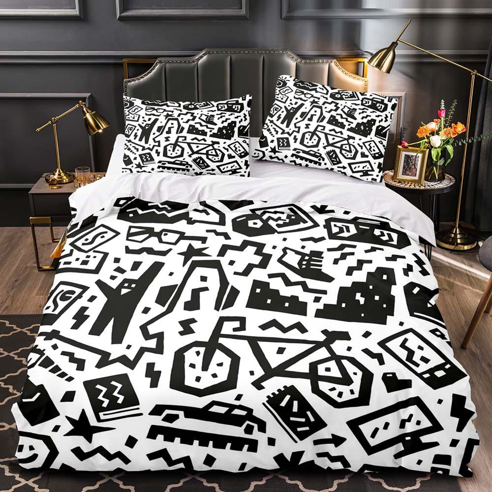 Sports Graffiti King Queen Duvet Cover Cartoon Bicycle Badminton Racket Bedding Set for Kids Black 2/3pcs Polyester Quilt Cover