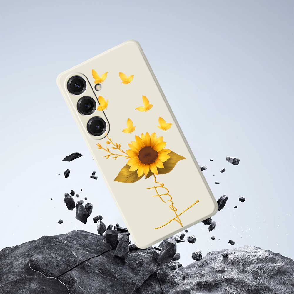 For Samsung Galaxy S25 Case Golden Butterfly Sunflower Pattern Printing Straight Edge TPU Phone Back Cover