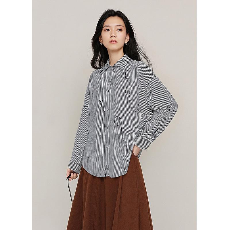 Women s Striped Lapel Long Sleeve Shirt - Autumn/Winter 2025 Collection Extra Large