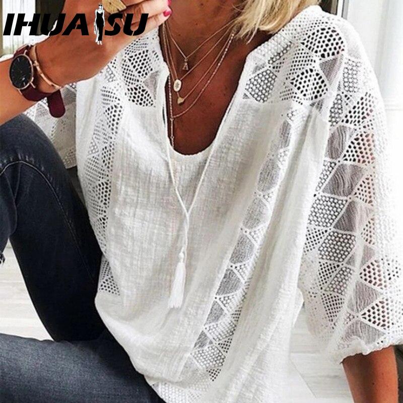 IHUASU Women's Fashion Casual Solid Color Print V Neck Blouses & Shirts