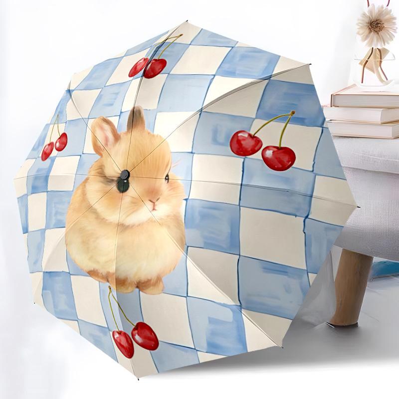 1pc Cherry BunnyAutomatic Open/close Folding Umbrella, Compact Portable Travel Umbrella, Perfect Birthday/Holiday, Cute Umbrella y027