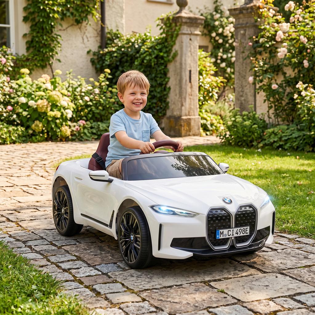 BMW i4 Licensed 12V Kids Electric Ride-On Car, White, Red and Light Blue
