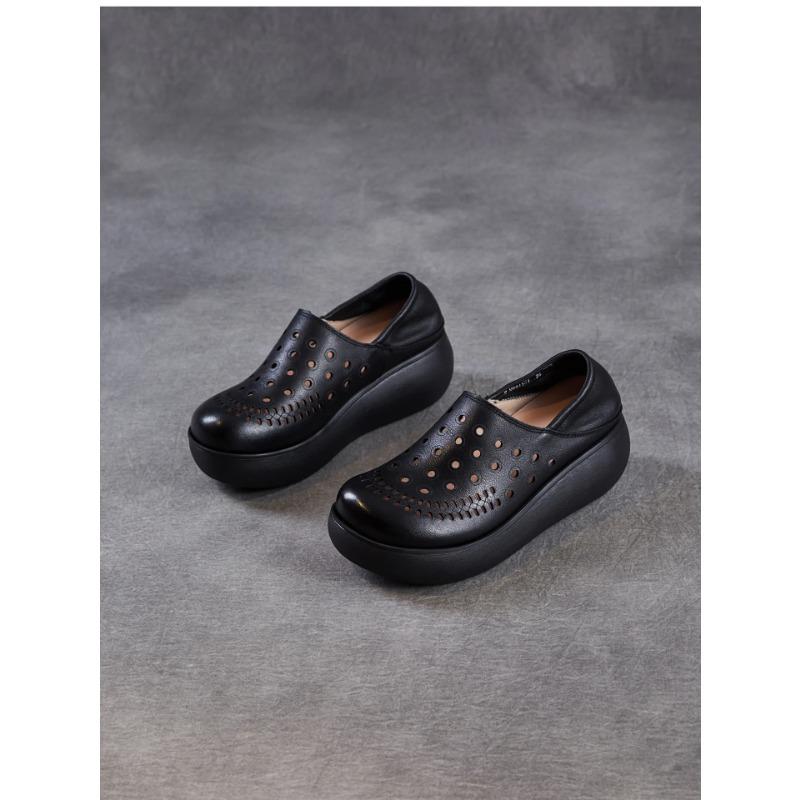 Johnature Echtes Leder Ausgeschnittene Keilsandalen mit dicker Sohle Bequeme und atmungsaktive Damen-Schlupfschuhe