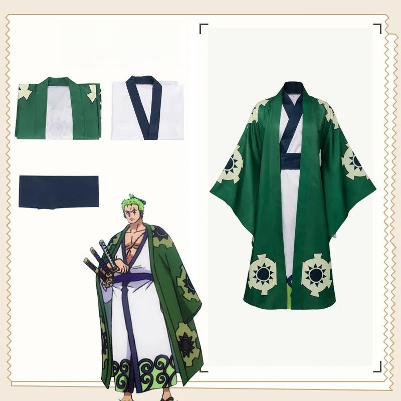 Zelené Kimono Roronoa Zoro Cosplay Anime Kostým Uniforma na Halloween Pánský Oblek Podšívka Paruka Vnější oděv Pásek Disfraz Halloween