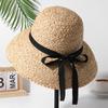 HH7330 ins summer long ribbon natural raffia grass Hepburn style Lampshade shape lady bucket hat Outdoor women holiday beach cap