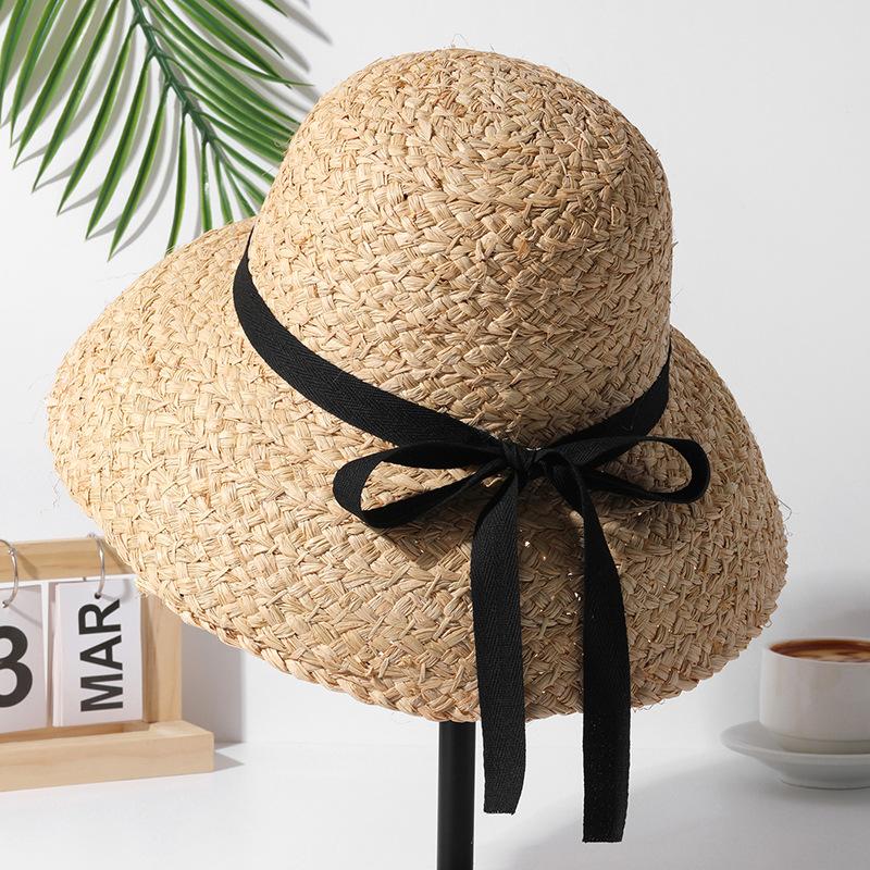 HH7330 ins summer long ribbon natural raffia grass Hepburn style Lampshade shape lady bucket hat Outdoor women holiday beach cap