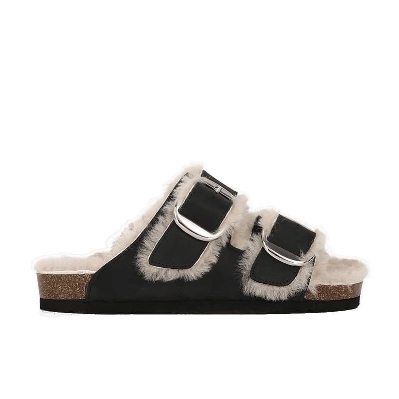 ! Shoes retro wool double buckle plush thick-soled fluffy slippers women's outer wear