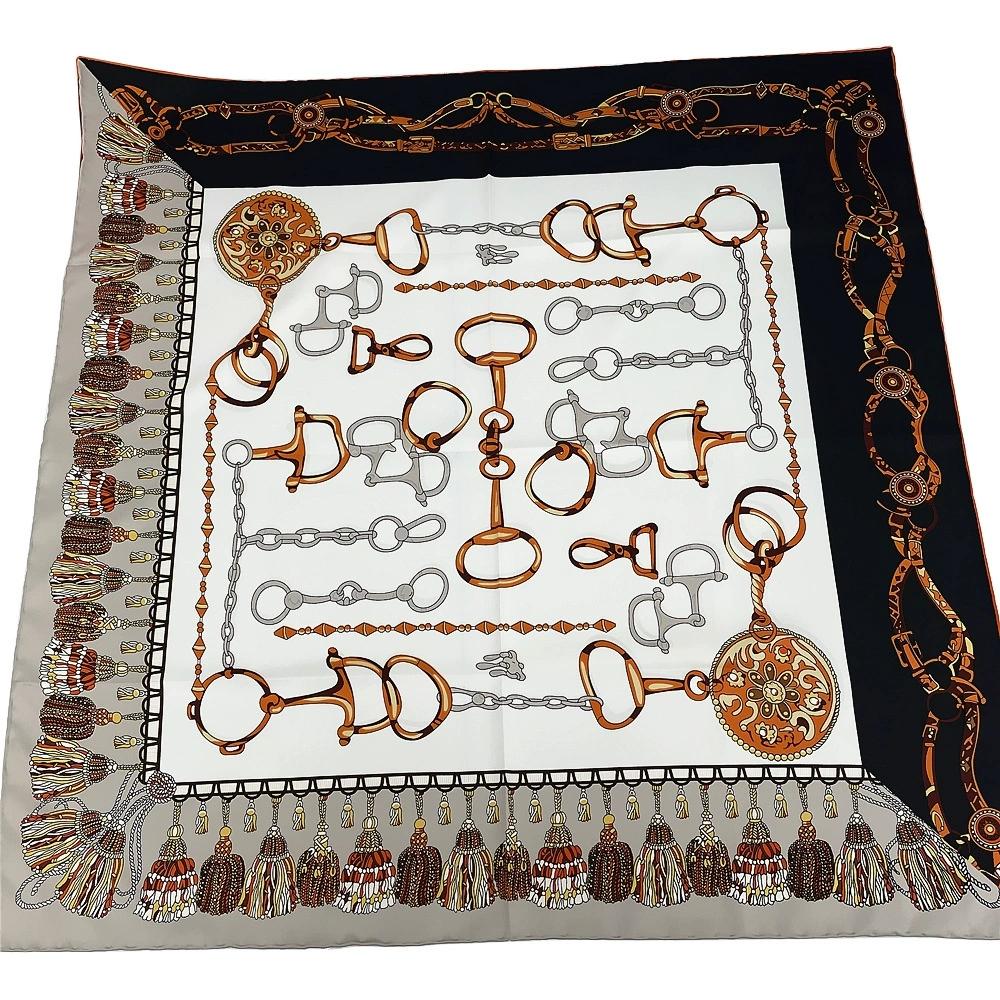 90*90CM Manual Hand Rolled Twill Silk Square Scarves for Office Ladies Luxury Printed Bandana and Hijab