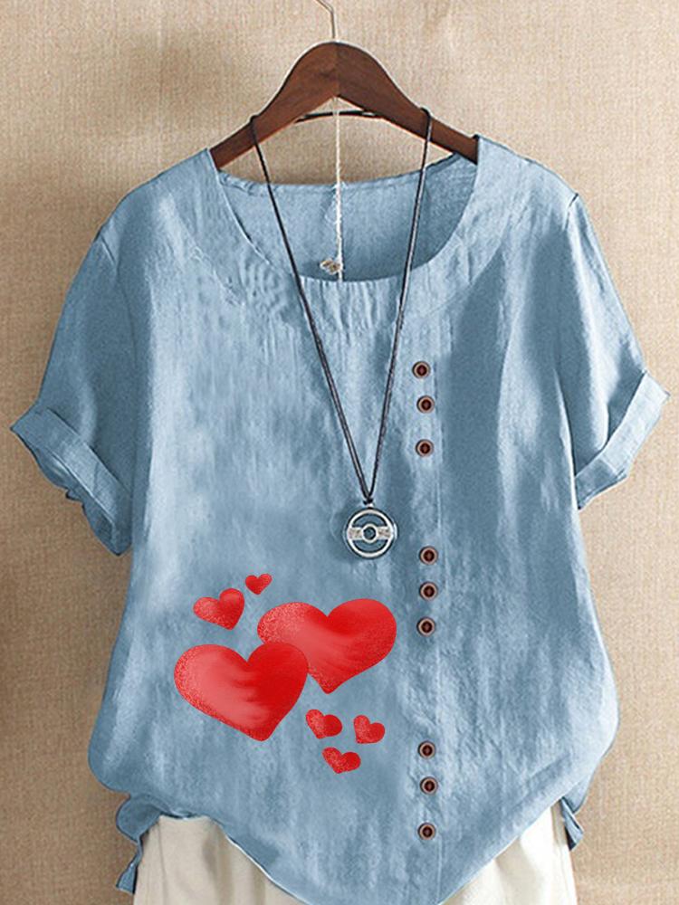 Women's Fashion Red Heart Print Round Neck Short Sleeve T-shirt Summer Casual Cotton Linen Graphic Shirt Leisure Loose Blouse Tops