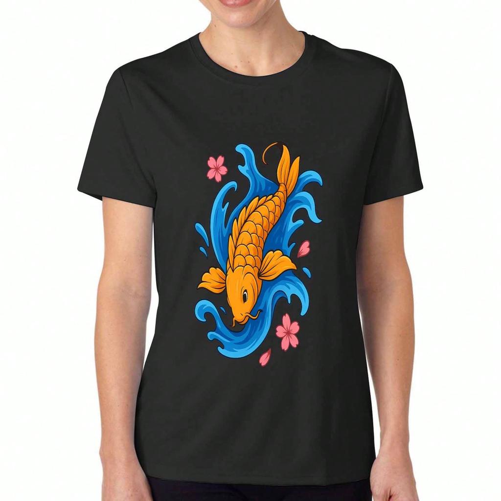 Koi Fish Womens Cotton T Shirt, Pure Cotton Premium Print,Durable And Longlasting,Casual Fashion,Golden Fish,Swimming Fish,Lucky Fish,Cherry Blossoms,