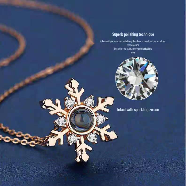 

Парная ключичная цепочка Douyin: Ожерелье с проекцией снежинки и надписью «Я люблю тебя» на 100 языках розового золота