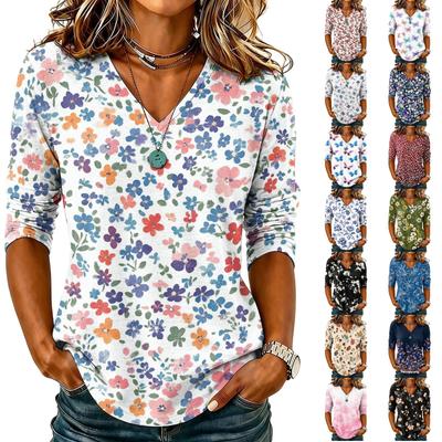 Damen Lässiges V-Ausschnitt Blumenmuster Oberteil Dreiviertelärm Leichtes Blusenshirt Weicher Stoff Lockere Passform
