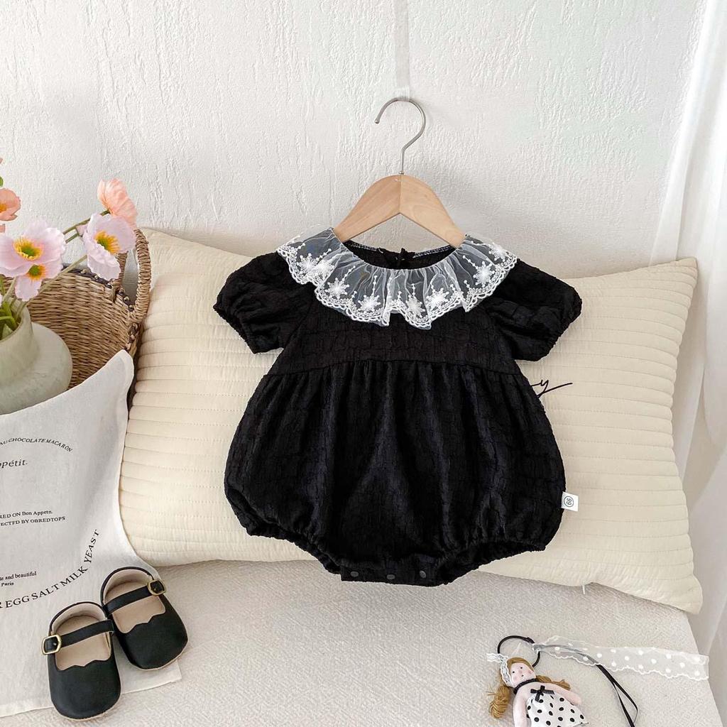 Korean Style Baby Girl Summer Romper with Lace Ruffle & Peter Pan Collar