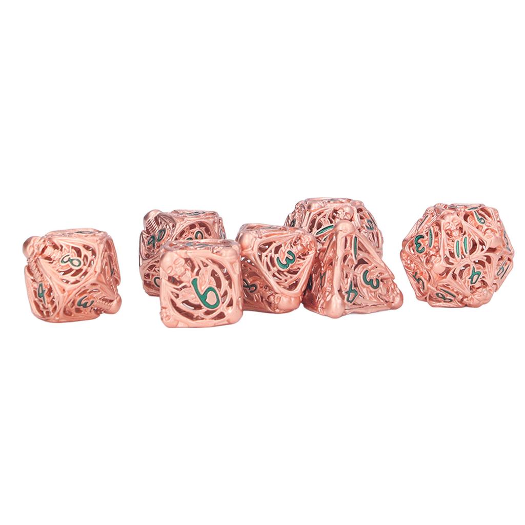 7pcs Hollow Polyhedral Dice Set Holiday Party Skull Pattern Metal Dice Props for Board Card Game