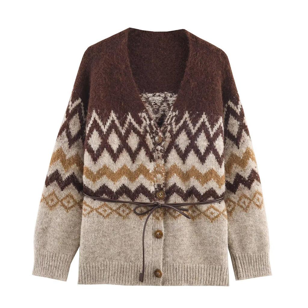 UC&ZA Women's Jacquard Knit Cardigan & Midi Skirt Set with Belt
