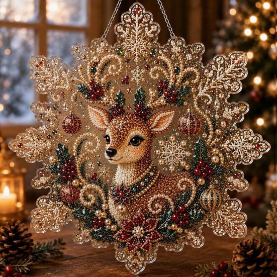 Handmade Christmas Tree Decor Faux Pearl Painting Suncatcher Kit, Acrylic Snowflake Shaped Board with Lace Relaxing Holiday Activity Edge, 3D Gemstone