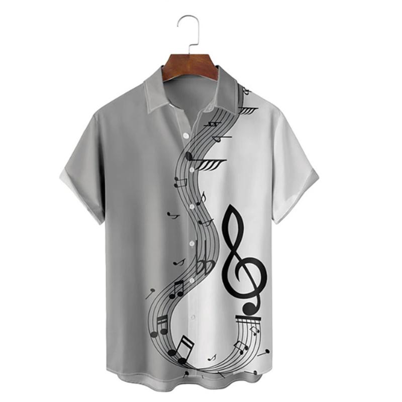 Camicia da Uomo a Maniche Corte con Stampa Note Musicali, Splicing Bicolore Leggera Estiva Casual Button Down