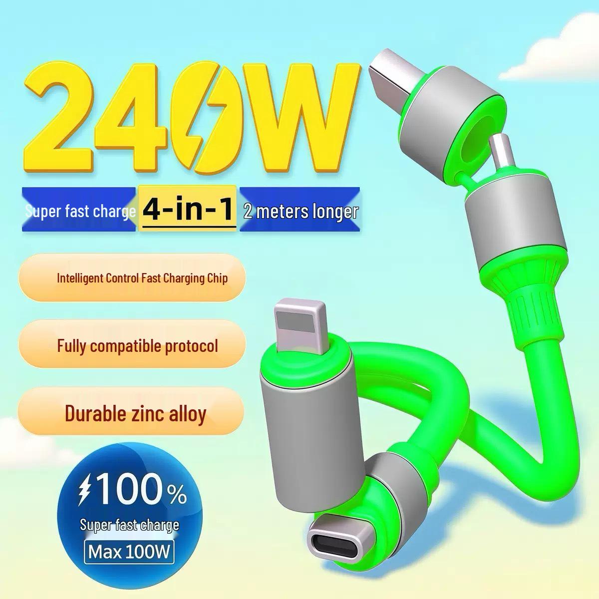 Four-in-One Silicone Fast Charging Cable for Apple & Huawei Devices 1m