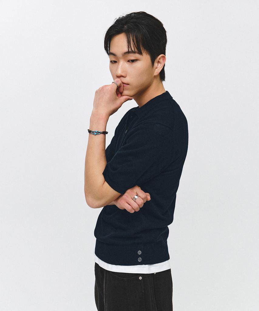 ECORR Linen Henley Neck Collar Crop Short Sleeve Knit_Navy