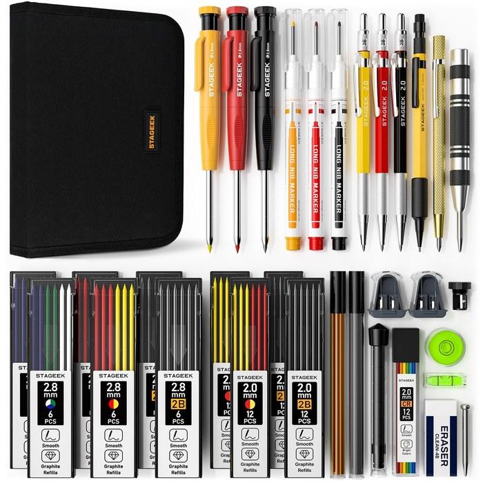 STAGEEK Drafting Pencils 34-Piece Set 2.8mm Carpenter s Sharp Pencil, 2.0mm Architectural Sharp Pencil, Scriber, Center Punch, Marker,