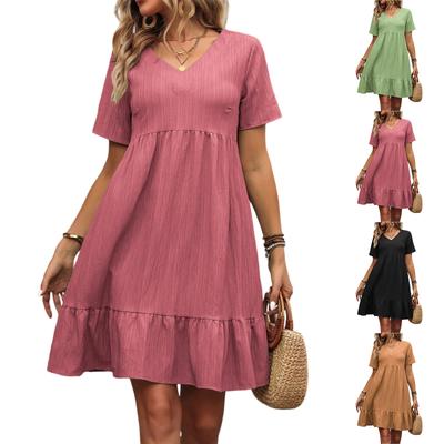 Women's Solid Color Summer Skirt Loose Casual Short Sleeve High Waist Dress