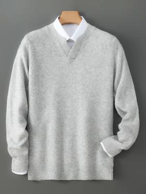 Men's Luxury V-Neck 100% Wool Sweater – Soft & Fluffy Autumn/Winter Pullover Base Layer.