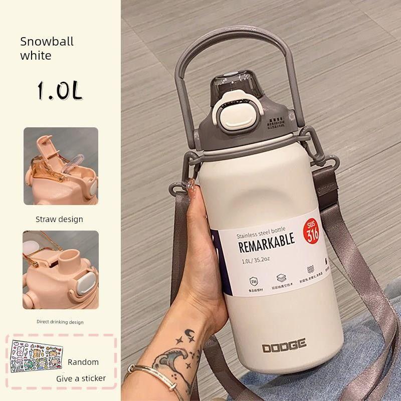 Japanese Large-Capacity Thermos Cup for Women, 316 Stainless Steel, Big Belly Straw Cup, High Aesthetic Children's Water Bottle for Men