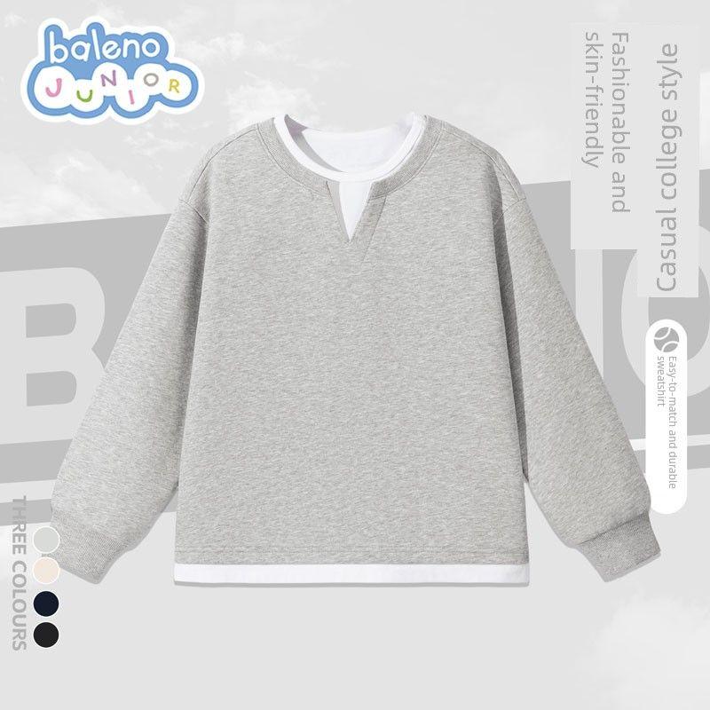 Baleno Kids Boys  Sweatshirt Spring and Autumn 2026 New Children s Round Neck Top Big Kids Fake Two-Piece Spring Outfit Gray # Solid Color 160