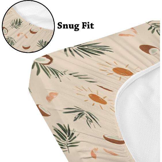 Summer Palm Coconut Sun Leaves Pattern Baby Sheets for Crib, Unisex Summer Theme Nursery Fitted Bed Sheet for Boys Girls Standard Crib and Toddler