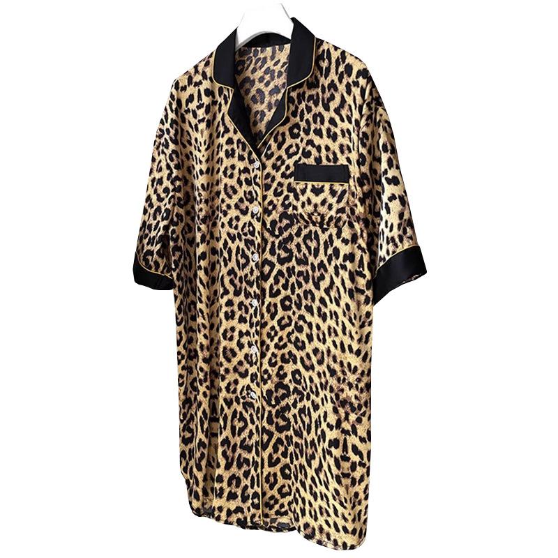 Pajamas Women's Summer Thin Ice Silk Sexy Pajamas Boyfriend Wind Large Size Leopard Print Shirt Skirt Can Be Worn Outside Loungewear
