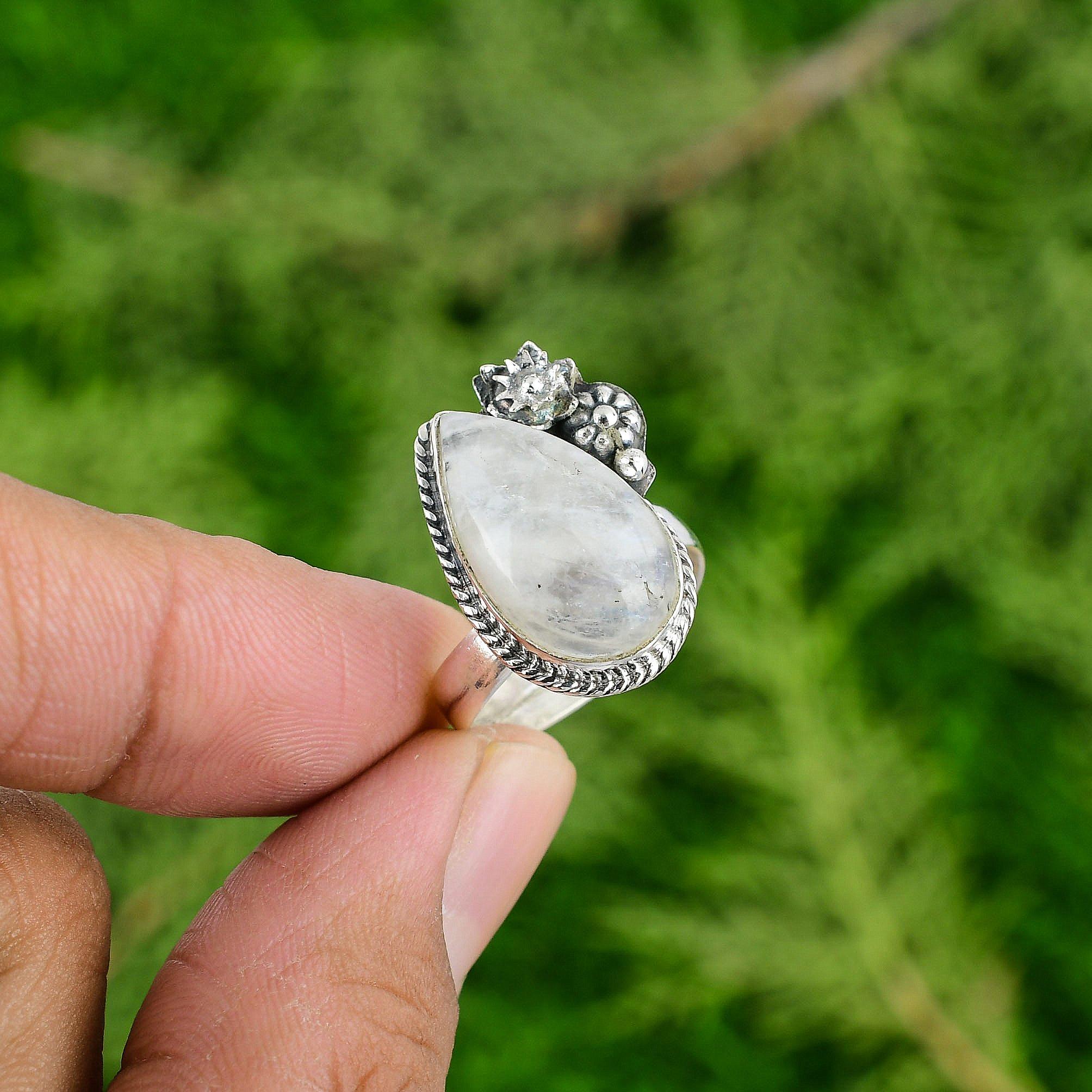 

Natural Rainbow Moonstone 925 Silver Promise Flower Adjustable Ring For Girls Adjustable