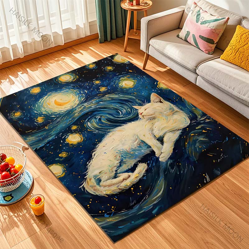 1PC Dreamy cat starry painting Pattern Rug Carpets for Bedroom Living Room Sofa Mat Creative Door Mat Cloakroom Home Decor